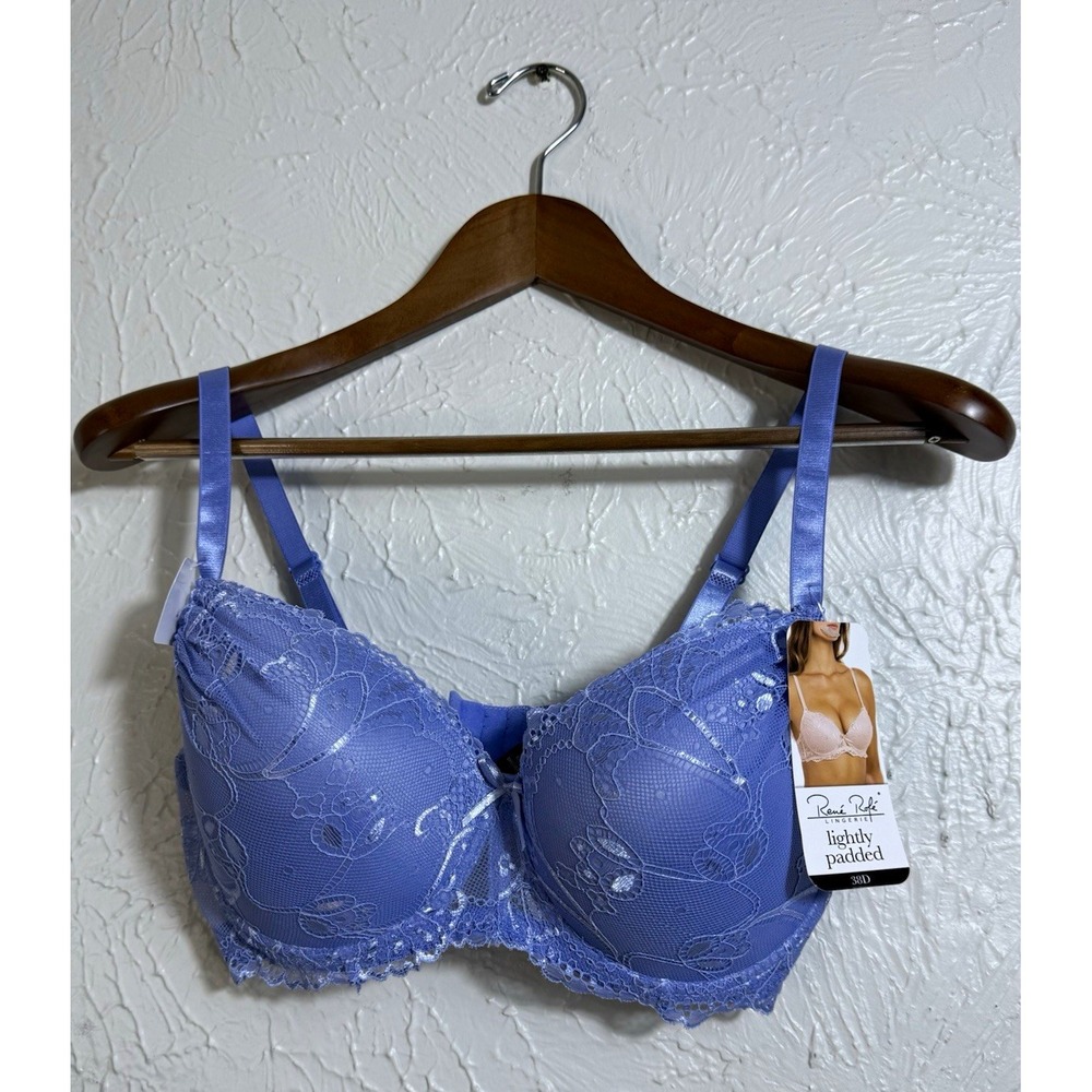 Rene Rofe 38D Lace Bra Periwinkle Floral Lightly Padded Underwire Plunge NWT